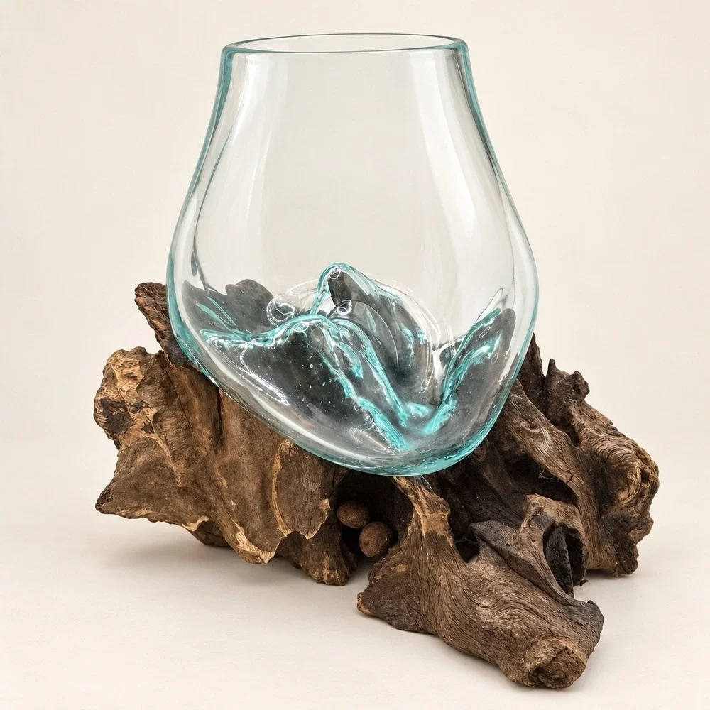 Hand Blown Glass Driftwood Bowl Planter Vase Rustic Coastal Boho Decor OOAK